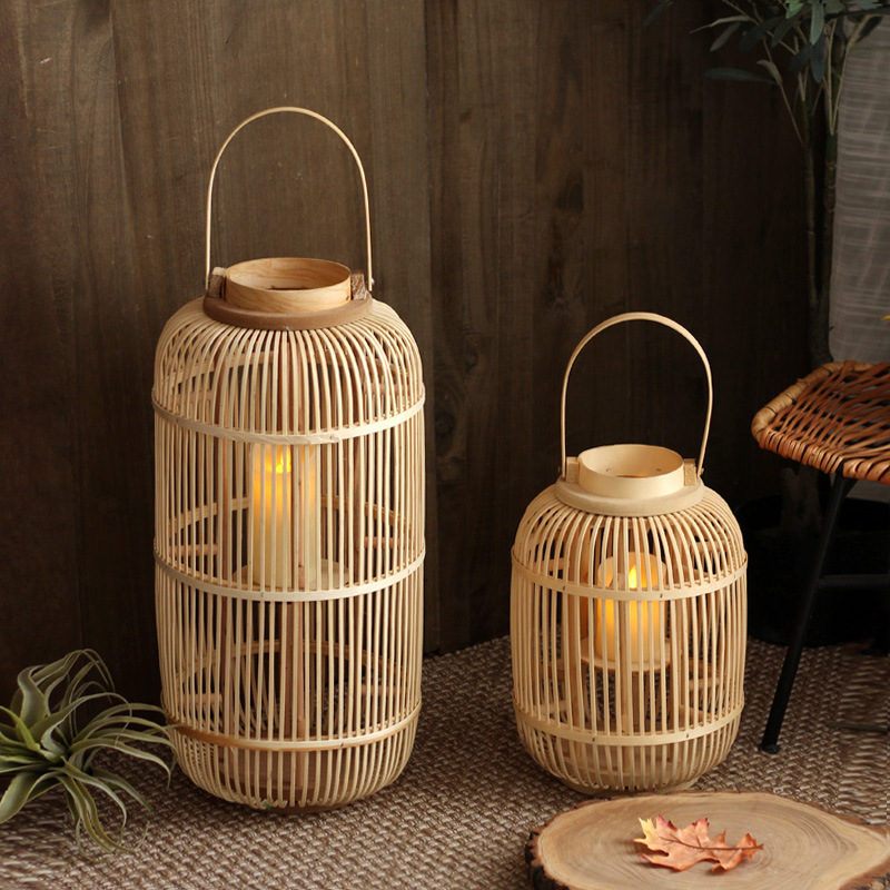 Candle Holder Decor - 手作りの竹製風灯、床置きキャンドルスタンド、茶室やホテル、サンプルルーム、庭や中庭の装飾用、レトロなデザイン。