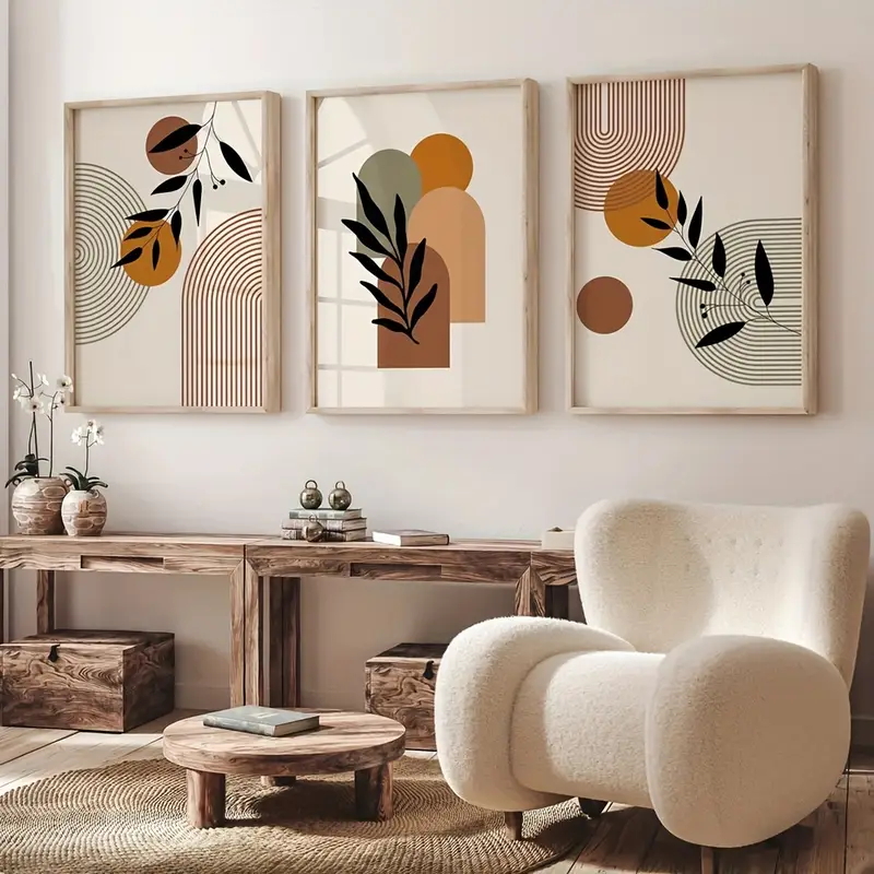 Abstract Canvas Set - 3枚セット ボヘミアンスタイル 植物幾何学模様抽象ポスター、レトロアート キャンバスプリント ウォールペインティング、モダンな家の装飾