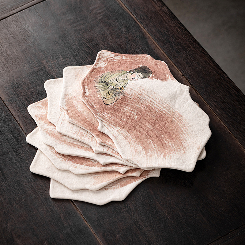 手描きの柿染め禅風防水ティーマット、古風な絵画模様の茶布、茶 - Table Runner のレビューと価格