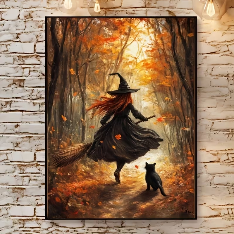 レトロなハロウィン秋の魔女がほうきに乗る壁アートプリントキャ - Interior Design Living Room のレビューと価格